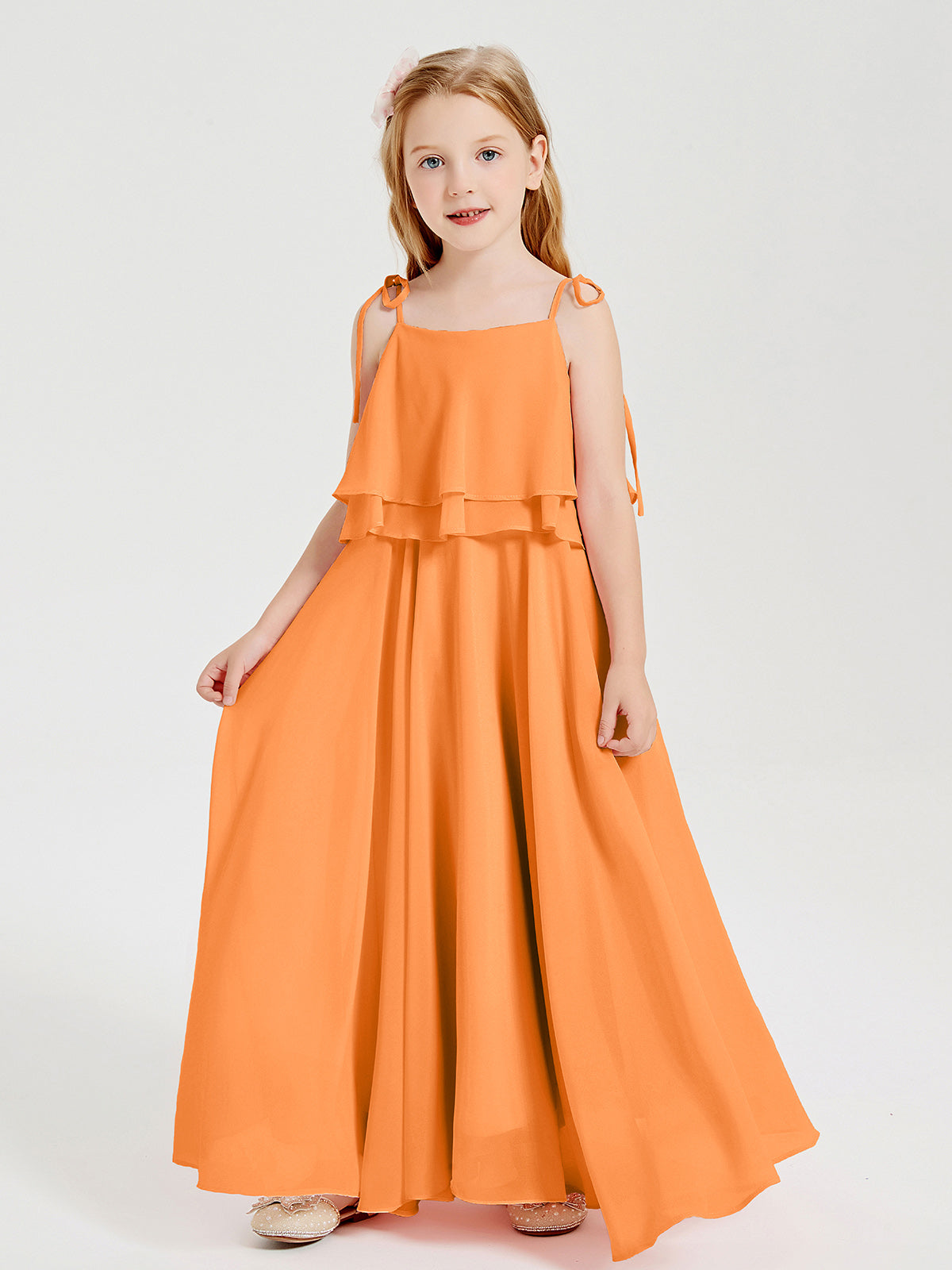 Chiffon Junior Bridesmaid Dresses Long Cascading Skirt Orange